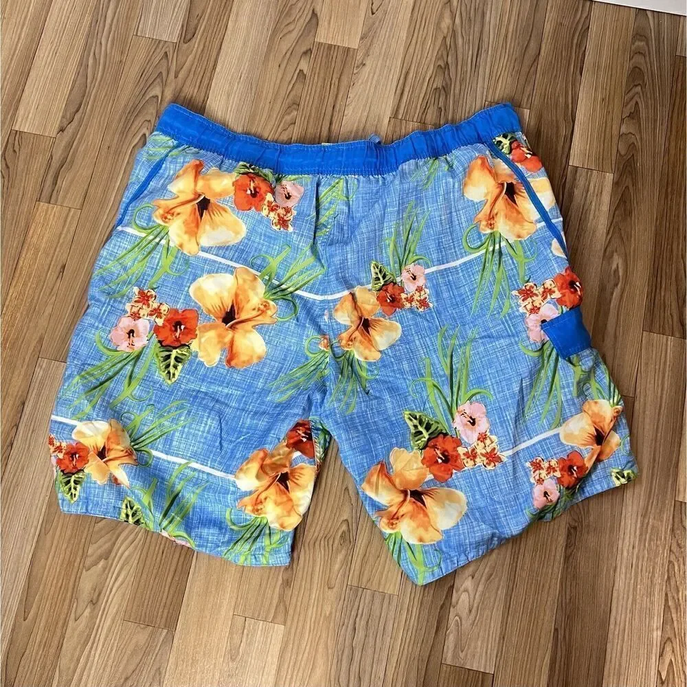 OP Sz 2XL Swim Trunks Board Shorts Mens Drawstring Blue Hawaiian Floral 0841